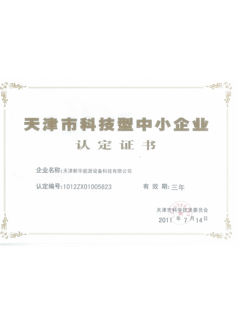 天津市科技型中小企业认定证书
